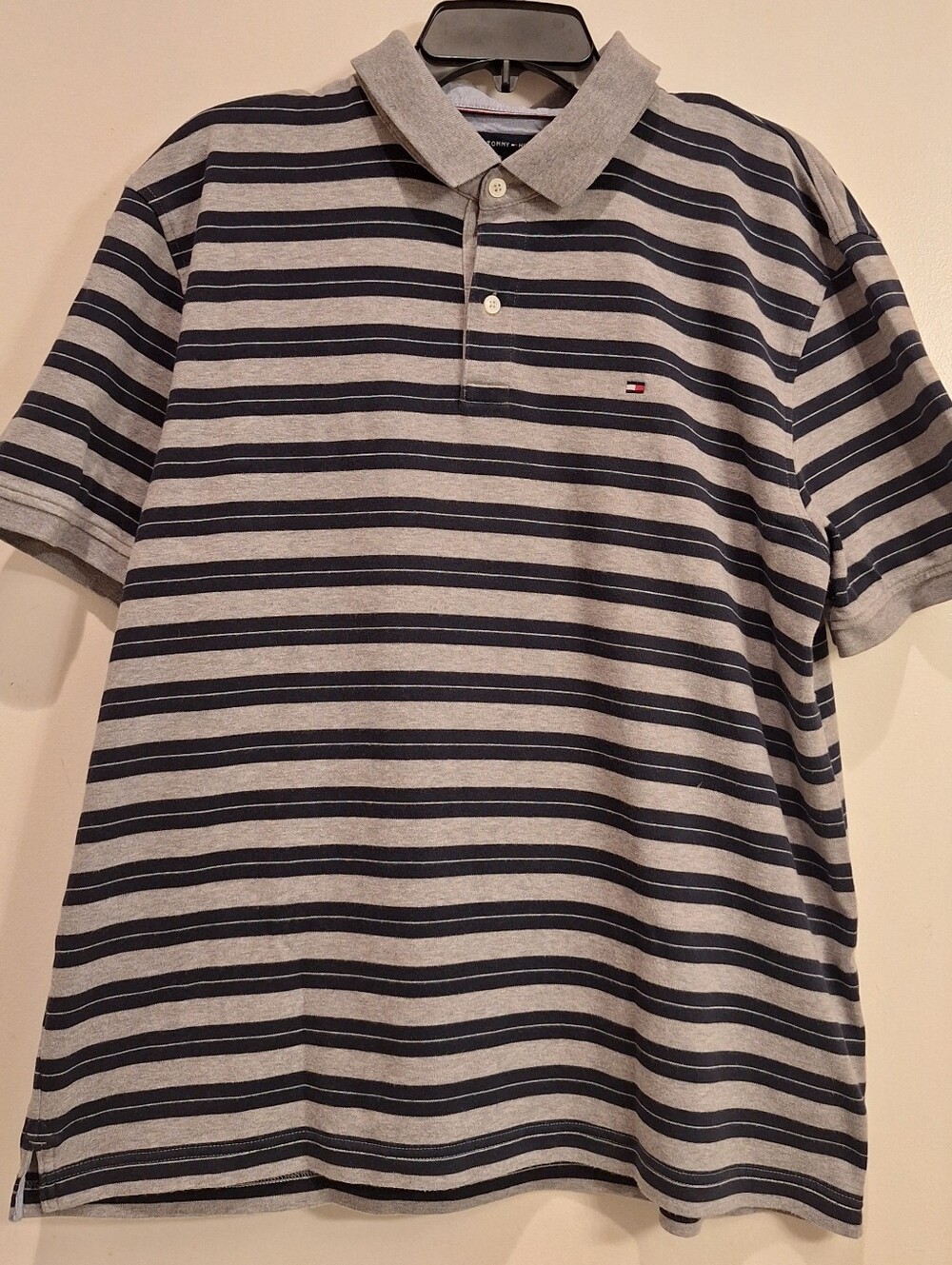 Tommy Hilfiger Mens Polo Shirt XL‎ Blue Gray Stripe Short Sleeve Classic Fit